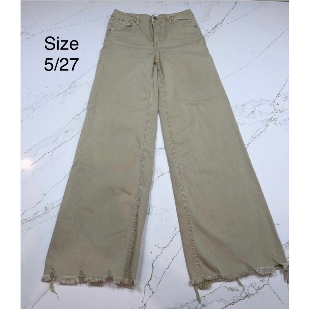 Risen Jeans Women Tan Khaki Wide Leg Raw Hem High Rise Pants Size 5/27
